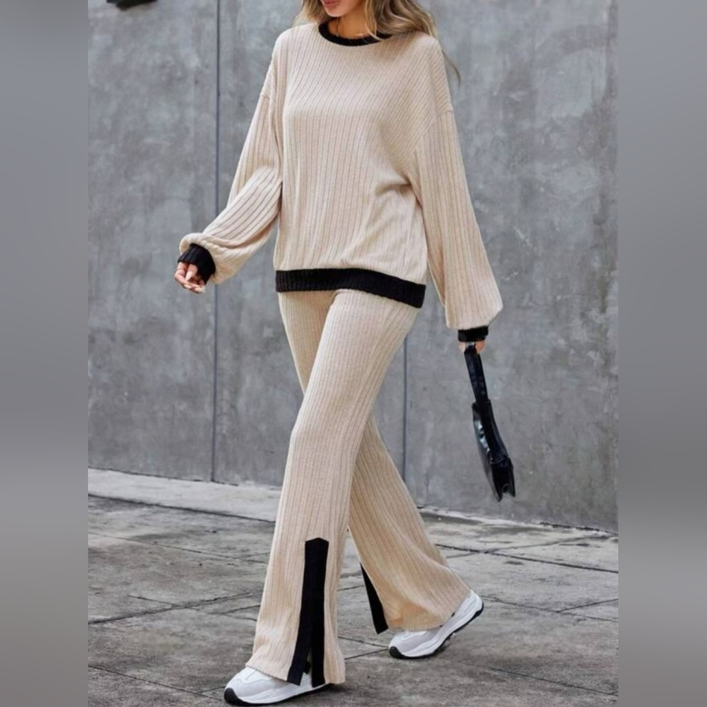Contrast Round Neck Long Sleeve Top and Bootcut Pants Set